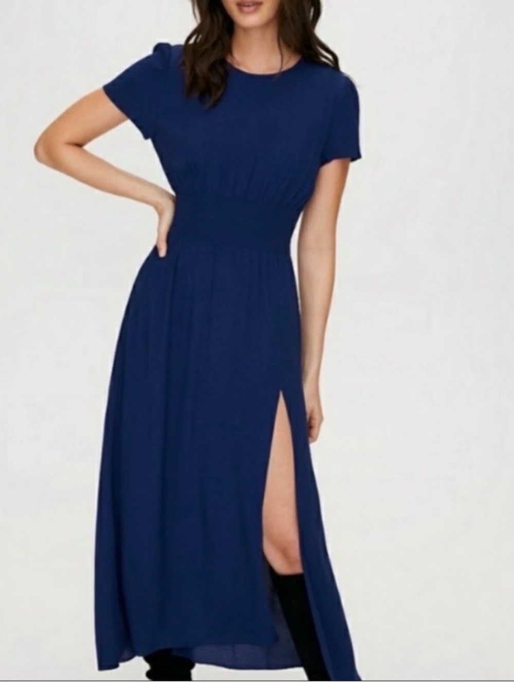 Wilfred Navy Blue Short Sleeve Maxime Maxi Dress with Side Slit Sz Medium